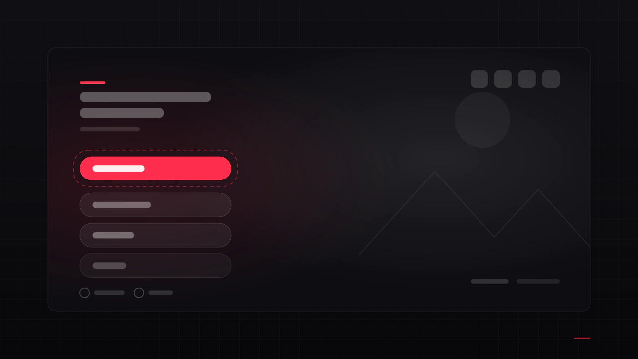 A main menu wireframe: title lockup, a vertical action list with Continue holding controller focus