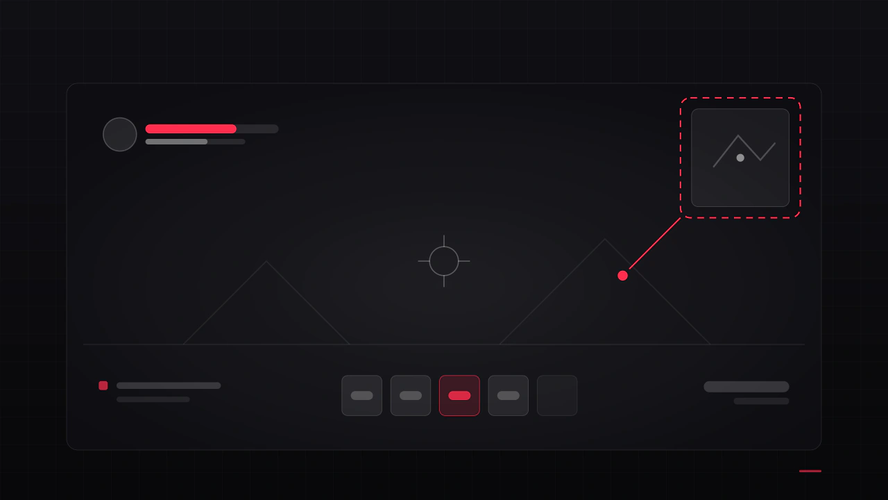 A gameplay frame with HUD elements anchored to the edges, one flagged for review