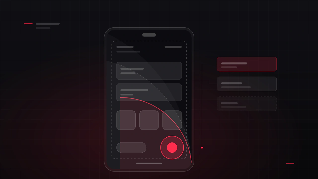 A phone in portrait with the thumb reach arc drawn across it, the safe area inset from the notch and gesture bar, and the primary action inside the arc