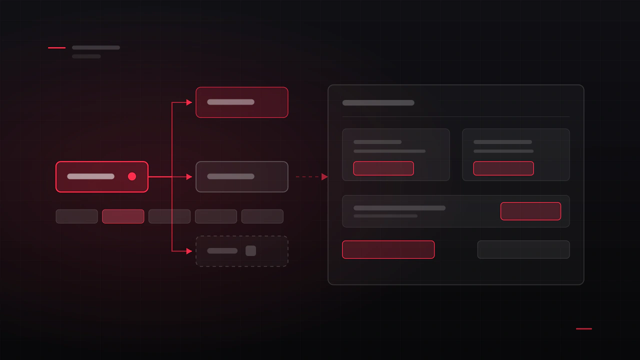 A base button prefab with three variants branching from it, feeding a screen assembled from components rather than drawn once