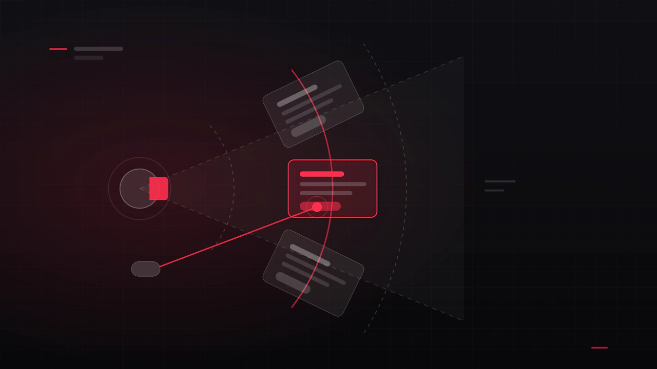 Plan view of a VR player: the comfort arc, panels angled to face them, and a pointer ray